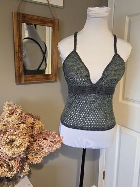 Handmade- Crochet Denim Blue Halter Top/ Crop Top